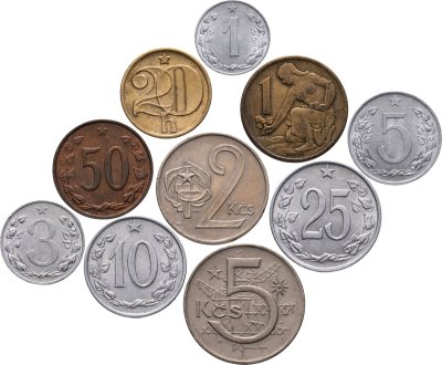 купить Чехословакия набор из 10 монет 1, 3, 5, 10, 20, 25, 50 геллеров и 1, 2 кроны 1953-1977