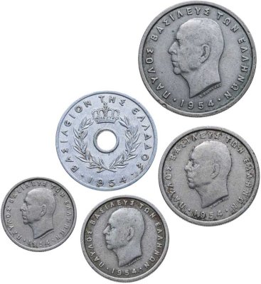 купить Греция - набор 20, 50 лепта, 1, 2, 5 драхм 1954 (5 монет)