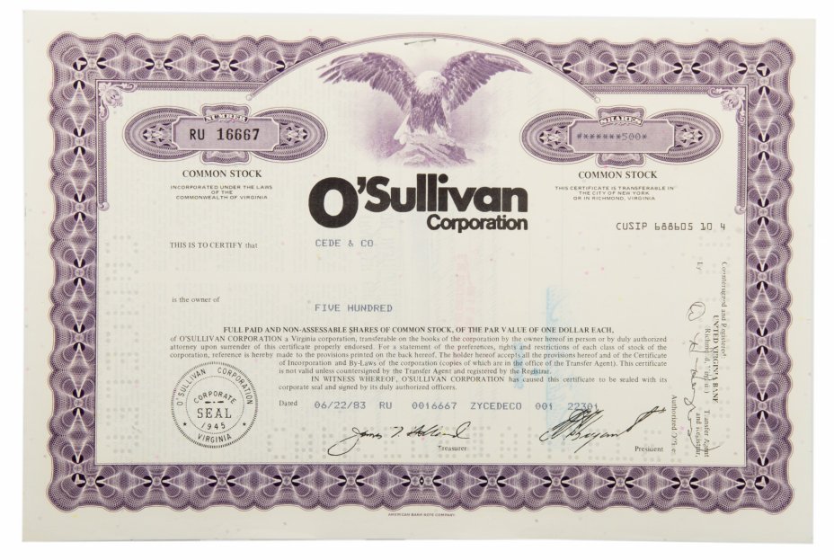 купить Акция США O'SULLIVAN CORPORATION, 1980- 1983 г.
