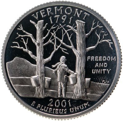купить США 25 центов (квотер, 1/4 доллара, quarter dollar) 2001 S Proof Вермонт (Vermont), знак монетного двора "S" - Сан-Франциско