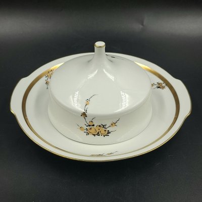 купить Маслёнка с цветочным декором золотистого цвета, фарфор, деколь, золочение, Graf Von Henneberg Porzellan, 1777 Jlmenau, ГДР, 1973-1977 гг.