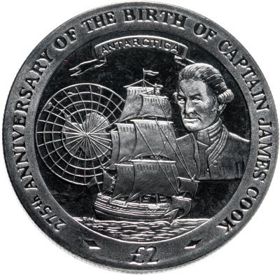 Купить Южная Георгия 2 фунта (pounds) 2003  275 лет со дня рождения Джеймса Кука