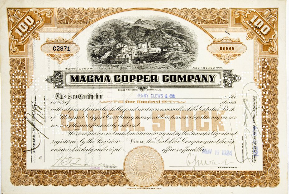 купить Акция США MAGMA COPPER COMPANY 1924г.