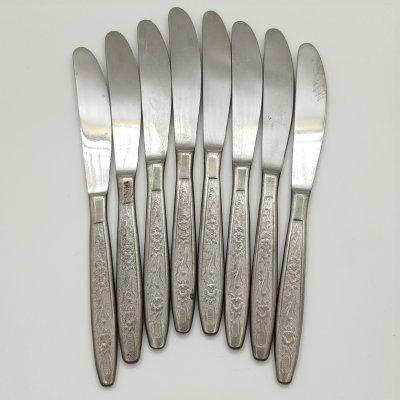 купить Набор из 8-ми десертных ножей с цветочным декором на ручках, сталь, Завод «Труд» (р.п. Вача), СССР, 1980-1990 гг.