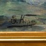 Купить Картина "Берег моря на закате" (название условное), изображающая прибрежный пейзаж с лодкой и оформленная в раму с рельефным растительным декором, подпись "Е. Корфъ", холст, масло, дерево, Российская империя, 1905 г.