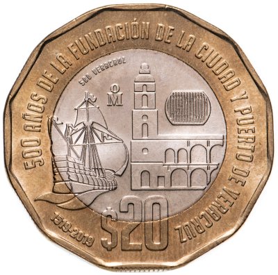 купить Мексика 20 песо (pesos) 2019 "500 лет порта Веракрус, Корабль"