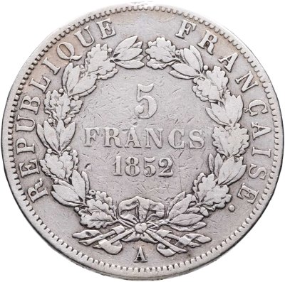 купить Франция 5 франков (francs) 1852 A знак монетного двора: "A" - Париж