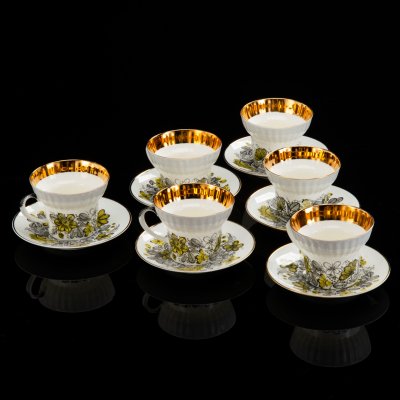 купить Набор из шести чайных пар "Русское кружево", автор формы "Волна" Криммер Э.М., автор рисунка Беспалова-Михалева Т.Н., фарфор, деколь, золочение, Ленинградский фарфоровый завод (ЛФЗ), СССР, 1970-1992 гг.