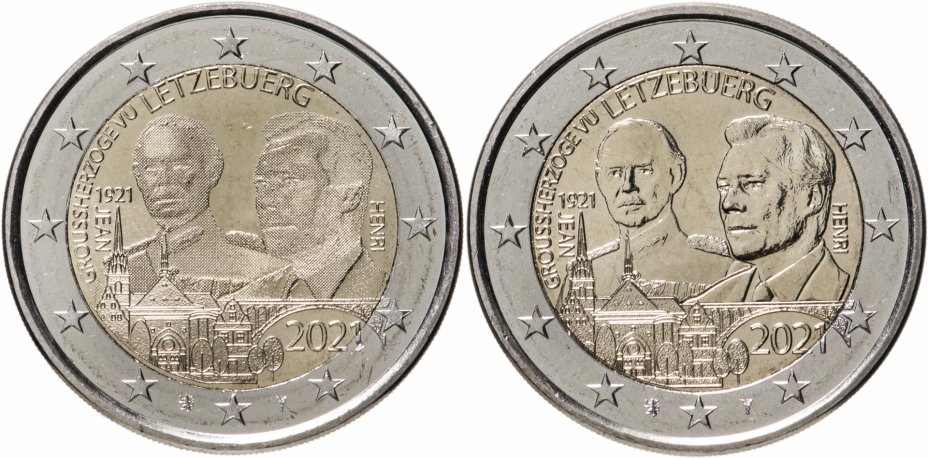 купить Люксембург комплект из двух монет 2 евро 2021 "100 лет со дня рождения Великого Герцога Жана" (рельефная + фото)