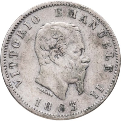 купить Италия 1 лира (lira) 1863 Щит на реверсе знак монетного двора: "T" - Турин