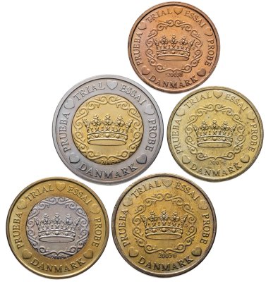 купить Дания набор монетовидных жетонов 5, 20, 50 евроцентов и 1, 2 евро 2003