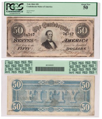 купить США, Конфедеративные Штаты Америки, Ричмонд 50 долларов 1864 в слабе PCGS AU 50