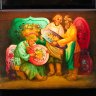 Купить Шкатулка с изображением ремесленников, расписывающих подносы, художница М. Шавырина (?), папье-маше, масло, роспись, лак, Федоскинская фабрика миниатюрной живописи (Федоскино), СССР, 1981 г.