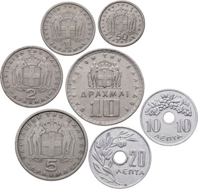 купить Греция набор из 7 монет (10, 20 и 50 лепт 1, 2, 5 и 10 драхм) 1954 - 1965 год - король Павел I