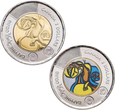 купить Канада набор из 2 монет 2 доллара 2025 "Народная певица Дафна Оджиг" обычная и с цветной печатью