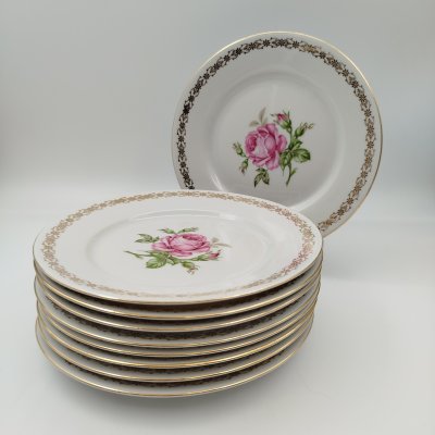 купить Набор из девяти десертных/закусочных тарелок с декором в виде роз, фарфор, деколь, золочение, Moritz Zdekauer (MZ), Чехословакия, 1960-1990 гг.