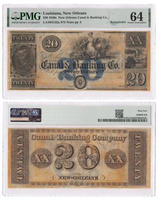 купить США, Луизиана, Новый Орлеан 20 долларов 1840 е в слабе PMG UNC 64