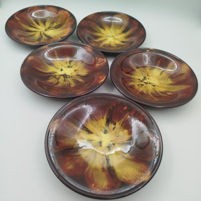 купить Набор из 5-ти десертных тарелок "Арбуз", фаянс, глазурь, роспись, Конаковский фаянсовый завод им. М.И. Калинина (ЗиК Конаково), СССР, 1970-1990 гг.