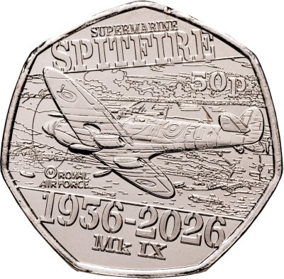 купить Гернси 50 пенсов 2026 "90 лет Супермарин Спитфайр Mk IX"