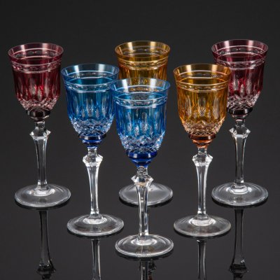 купить Набор из шести разноцветных ликерных рюмок на ножках, Cristallerie Strauss S.A. (Штраус), хрусталь, Бразилия, 1983-2020 гг.