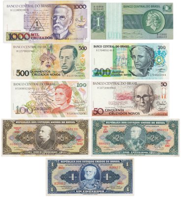 купить Бразилия набор из 9 банкнот 1, 2, 5, 50, 100, 200, 500, 1000 крузейро 1972-1990