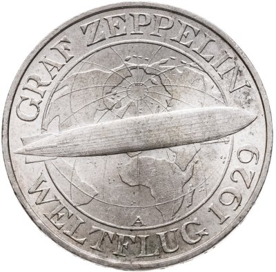 купить Германия 3 рейхсмарки (reichsmark) 1930 A Полёт дирижабля "Граф Цеппелин" знак монетного двора "A" — Берлин