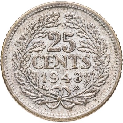 купить Нидерланды 25 центов (cents) 1943 Портрет на аверсе /Серебро/