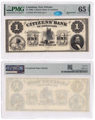 купить США, Луизиана, Новый Орлеан 1 доллар 1860е г. В слабе PMG UNC 65