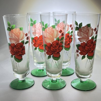 купить Набор из 5 бокалов с декором в виде роз, цветное стекло, стекло, деколь, СССР, 1970-1990 гг.