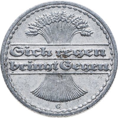 купить Германия (Веймарская республика) 50 пфеннигов (pfennig) 1921 G знак монетного двора "G" — Карлсруэ