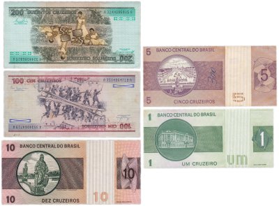 купить Бразилия набор из 5 банкнот 1, 5, 10, 100, 200, крузейро 1975-1980