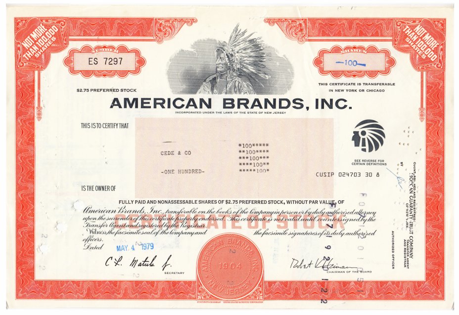 купить Акция США AMERICAN BRANDS, INC. 1979 г.