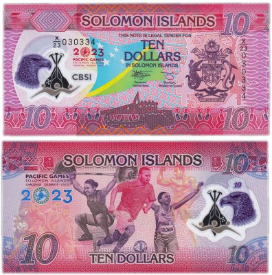 купить Соломоновы острова 10 доллара 2023 «17-е Тихоокеанские игры», замещение брака