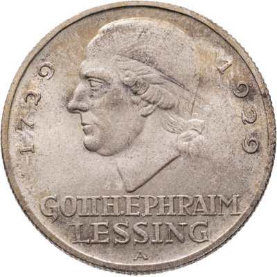 купить Германия 3 рейхсмарки (reichsmark) 1929 "200 лет со дня рождения Готхольда Лессинга", знак монетного двора "A" — Берлин