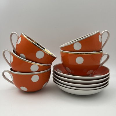 купить Набор чайных пар с узором в белый горошек на 5 персон, фарфор, крытье, золочение, Дмитровский фарфоровый завод (ДФЗ Вербилки), СССР, 1968-1991 гг.