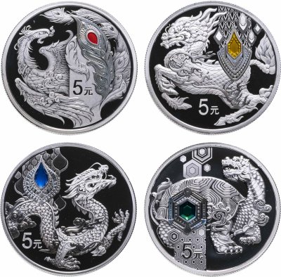 купить Китай набор из 4 монет 5 юаней 2023 "Дракон, черепаха, феникс и единорог" в футляре с сертификатом