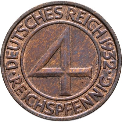 купить Германия 4 рейхспфеннига (reichspfennig) 1932, знак монетного двора "F" — Штутгарт