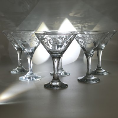 купить Набор бокалов (фужеров) для подачи коктейлей и мартини на 6 персон, с растительным декором, в оригинальной коробке, стекло, матирование, Гусевской хрустальный завод (Гусь-Хрустальный), Российская Федерация, 1991-2015 гг.