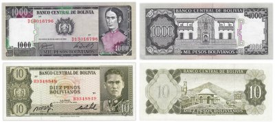 купить Боливия набор из 2 банкнот 10 и 1000 песо 1962-1982