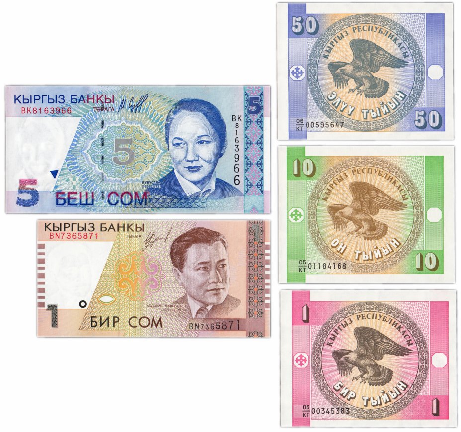 купить Кыргызстан набор банкнот 1993-1999 гг. (5 штук) 1, 10, 50 тыйын, 1 и 5 сом