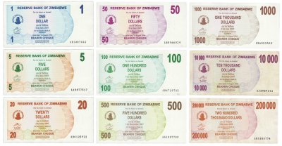 купить Зимбабве набор из 9 банкнот 1, 5, 10, 20, 50, 100, 500, 1000, 10000, 20000 долларов 2007-2008
